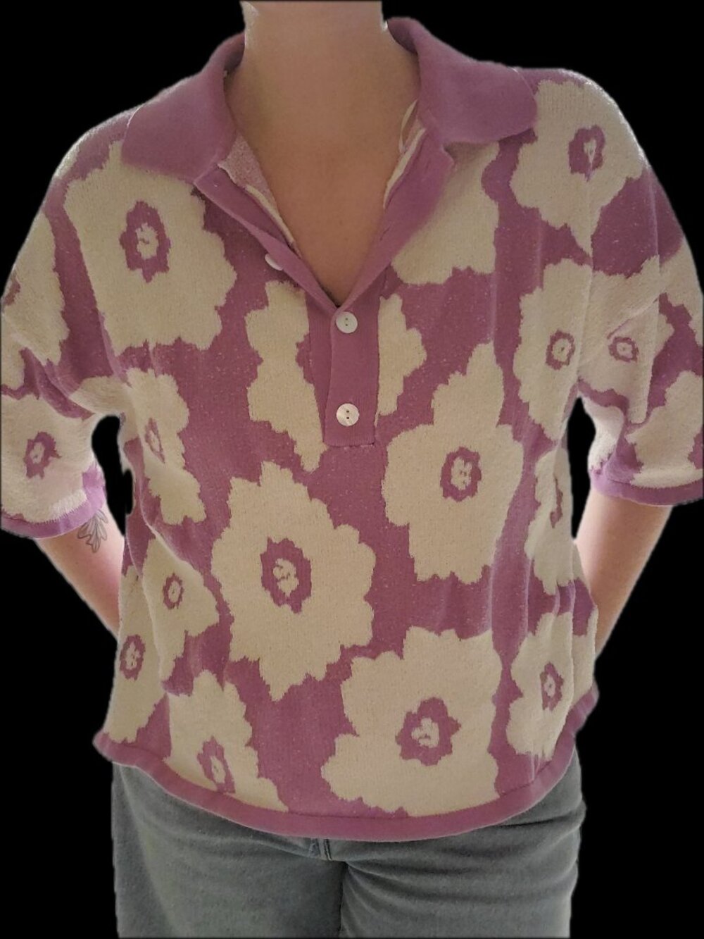 FRNCH Typha Polo Violet Lilac Floral Knit Polo